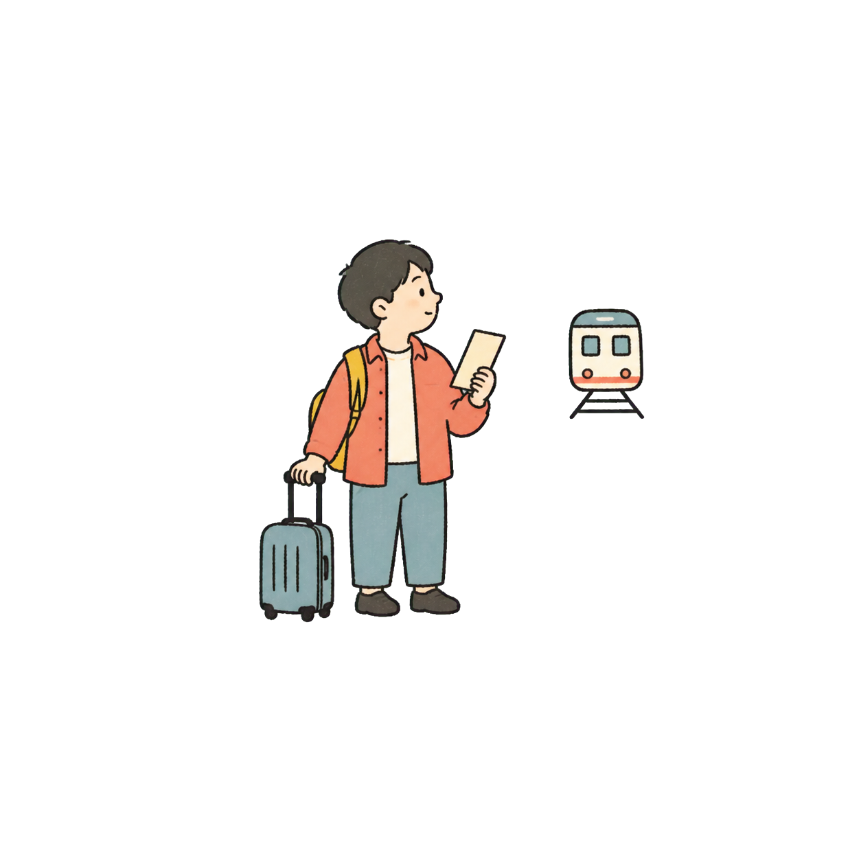 旅客帶著行李核對機場列車票的手繪小插畫