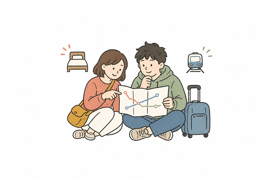 兩名旅客帶著行李比較大阪住宿區域的手繪小插畫