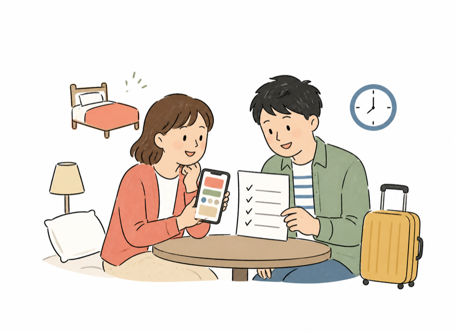 兩名旅客比較訂房條件和檢查清單的手繪小插畫