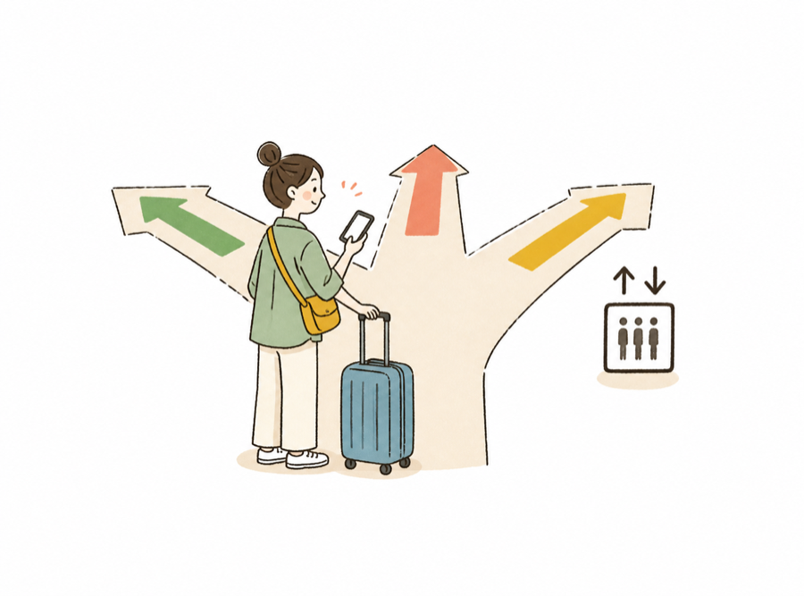 旅客帶著行李確認車站出口的手繪小插畫