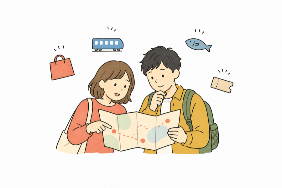 兩名旅客查看地圖並挑選大阪景點的手繪小插畫