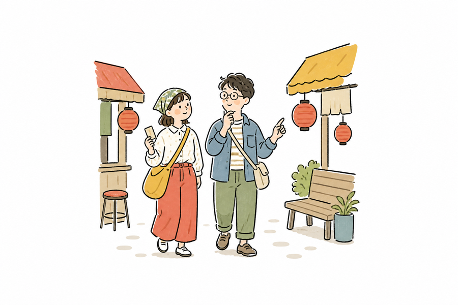 兩名旅客在復古街區討論行程的手繪小插畫