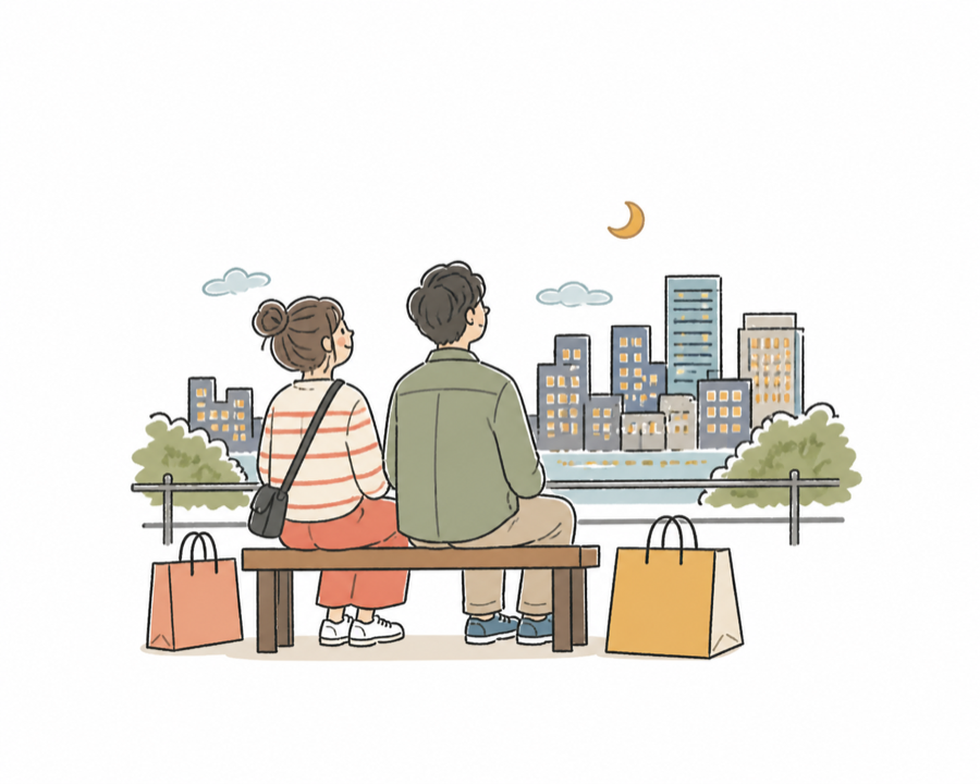 兩名旅客購物後欣賞城市夜景的手繪小插畫