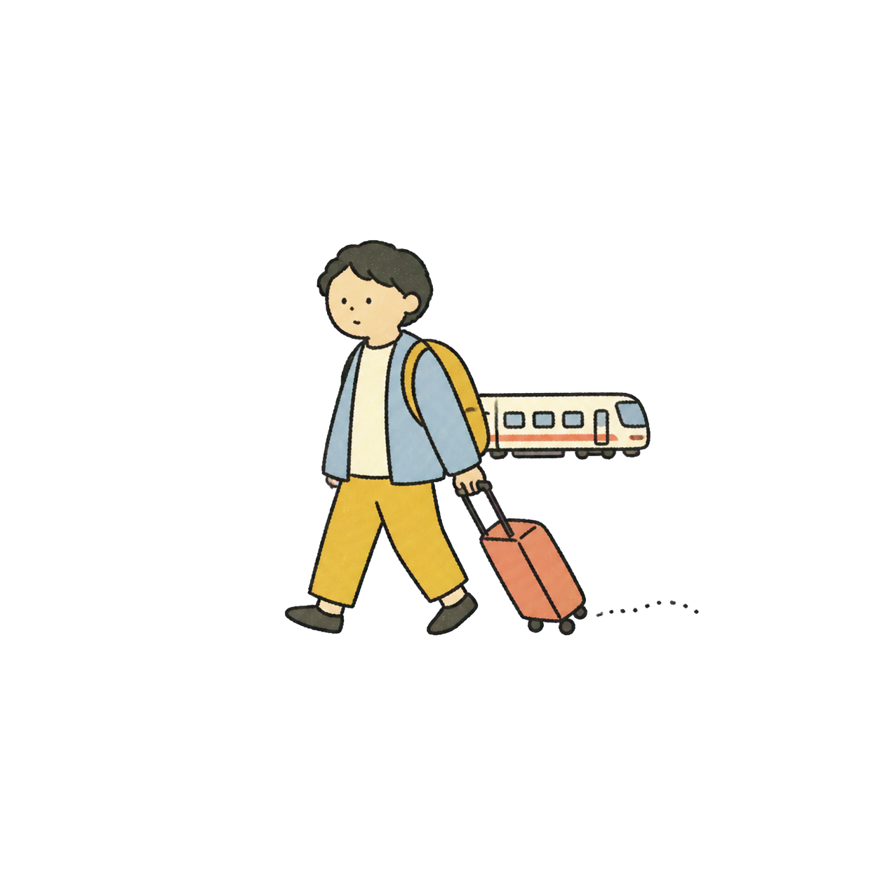 旅客帶著行李搭電車的手繪小插畫